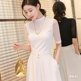 纯色百搭性感上衣 2025春夏高领网纱打底衫 女时髦春款 修身 内搭长袖