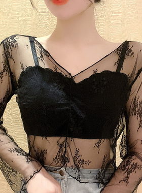 吊带裙内搭女纱衣蕾丝打底衫网纱镂空长袖透明薄款罩衫短款上衣仙