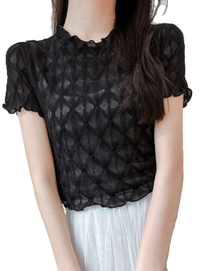 内搭微透网纱木耳边短袖上衣女夏季短款蕾丝t恤吊带连衣裙新款