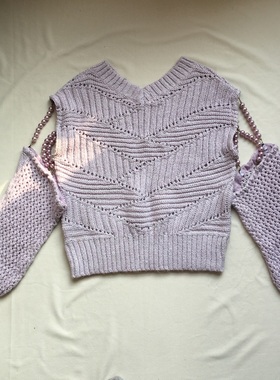 马海毛羊毛混纺 原创设计感闪闪超美紫色针织V领毛衣马甲珍珠链条
