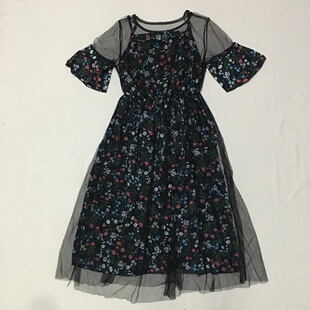 小码 甜美可爱印花网纱松紧腰连衣裙假两件 样衣无标