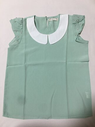 甜美娃娃领豆沙绿色短袖雪纺衫T恤精致重工珍珠钻饰乖巧