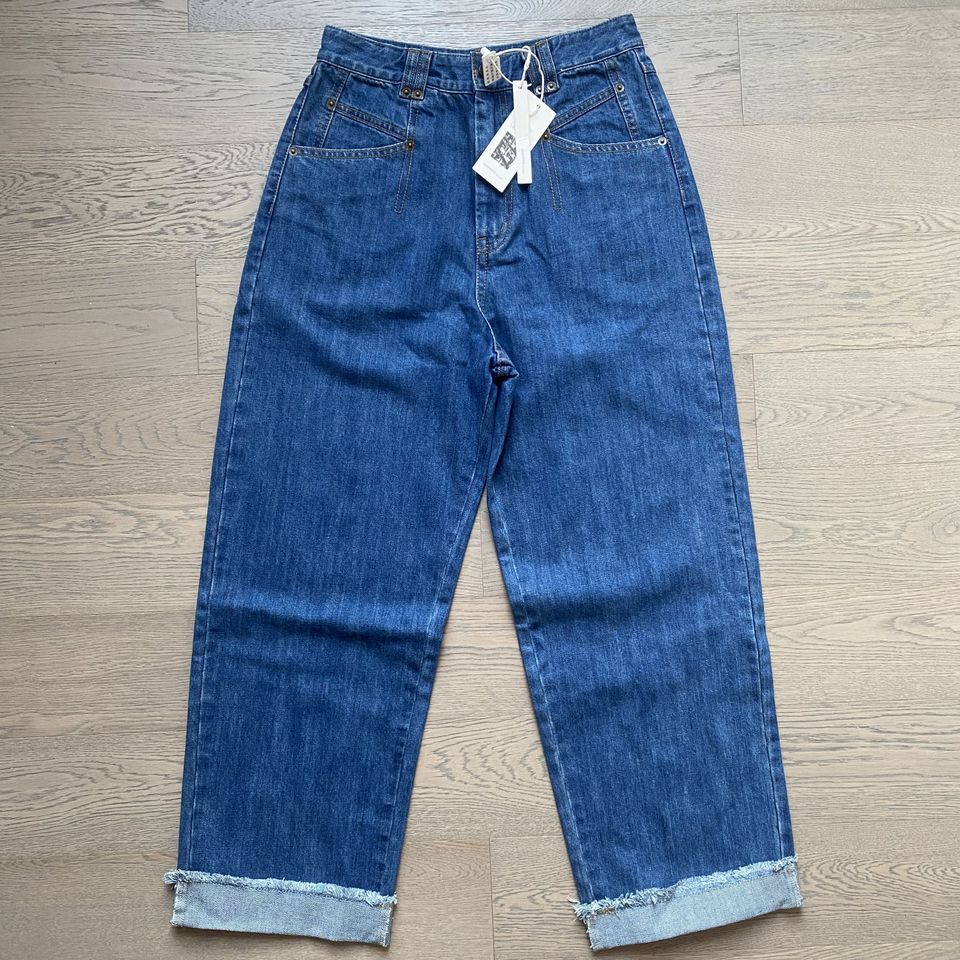 经典蓝色中高腰水洗牛仔长裤休闲百搭简约流苏边挽裤脚帅气 小码