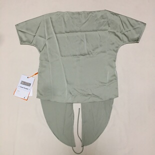 品牌样衣 莫兰迪低饱和绿色原创设计短袖燕尾系带缎面光泽感上衣