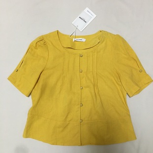 舒适森系黄色短袖短款开衫系扣上衣 休闲百搭可爱甜美 微瑕