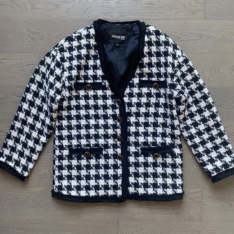 样衣无标 经典黑白千鸟格V领落肩款宽松休闲百搭小香风毛呢外套