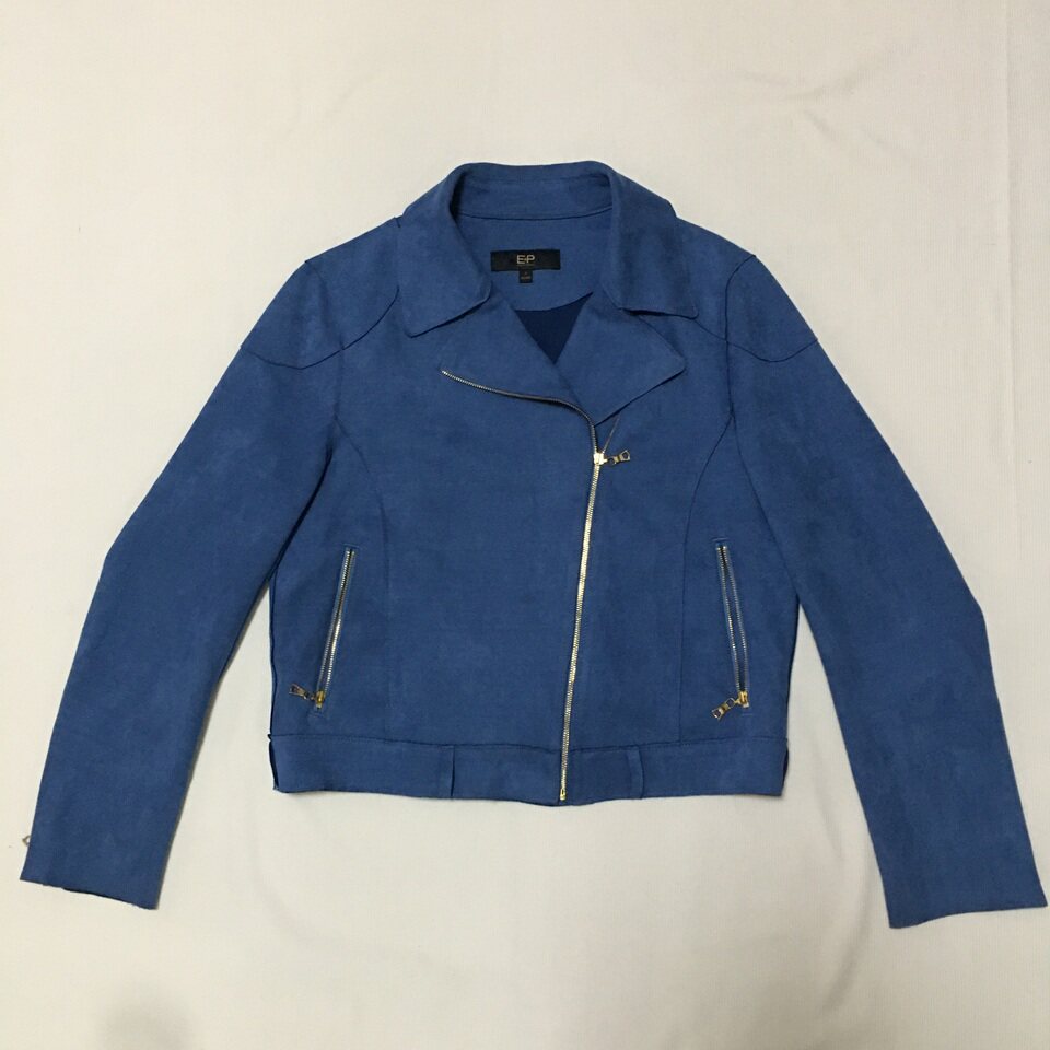 贵牌正品 蓝色仿麓皮绒柔软质感长袖机车斜拉链短外套 甜酷气质