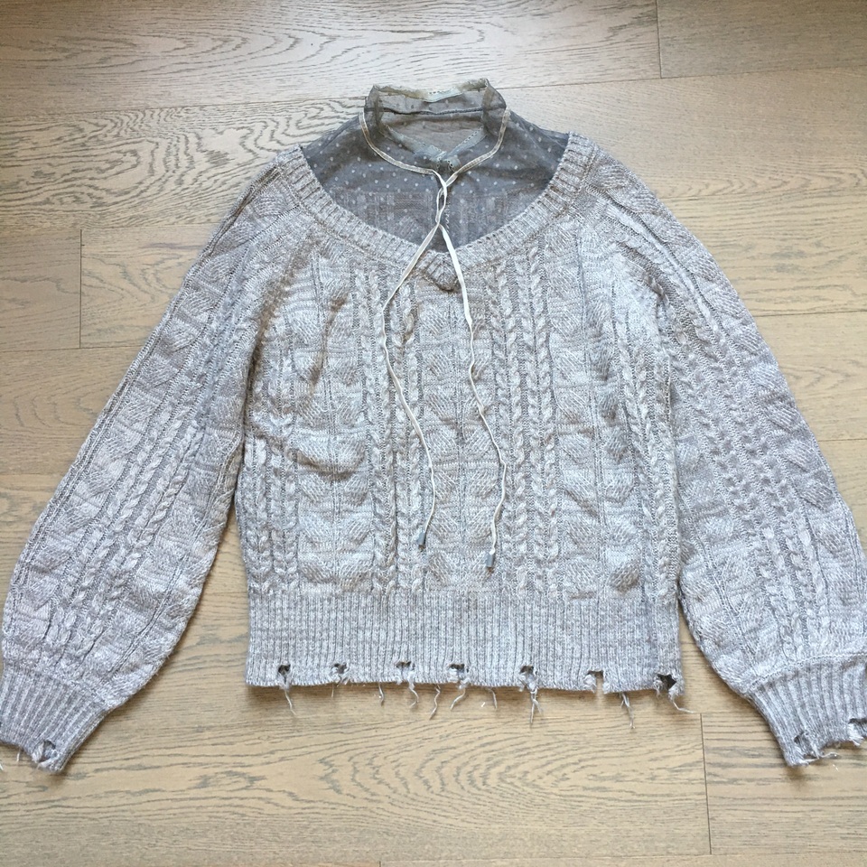 样衣无标 绵羊毛马海毛拼接 超仙柔美假两件网纱拼接灰色针织毛衣