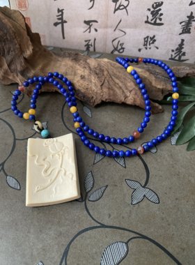 天然青金石圆珠搭配蜜蜡南红款项链 猛犸牙红皮手工雕刻玫瑰花牌