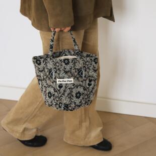 复古黑灰藤蔓提花圆底手提袋 原创 Own 菜篮子手拎包 Our