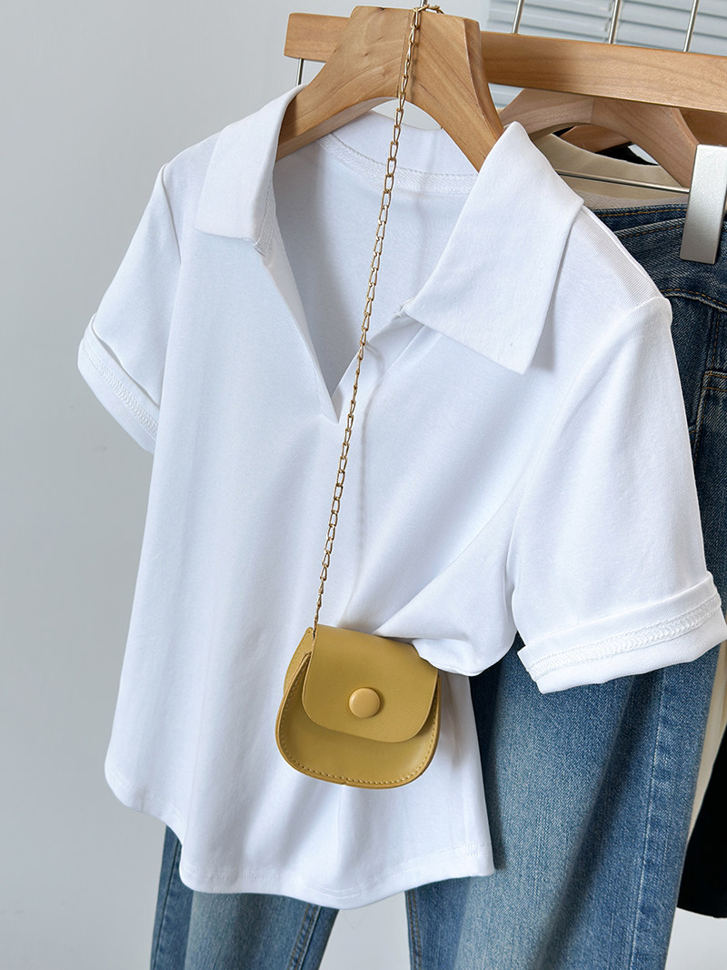 플러스 사이즈 여성 여름 지방 MM 세련되고 다재다능한 슬리밍 옷깃 반팔 티셔츠 여성 매력 티셔츠 탑 트렌디