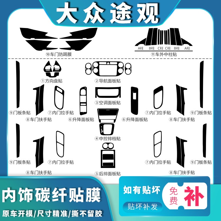 适用于10-17款大众途观途观L专用内饰改装贴纸中控防刮车门防踢碳