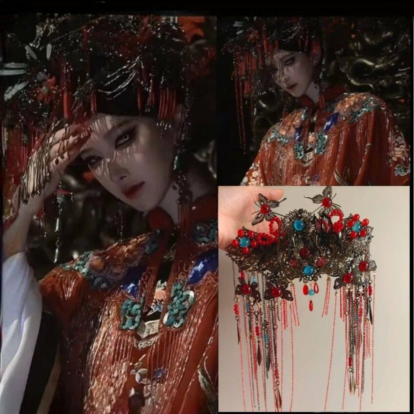 网红同款中式cos恐怖美学头饰异域发饰古装汉服复古黑色流苏发冠