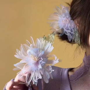 超仙淡紫色花朵发夹海边拍照氛围感发夹原创国风设计手工汉服头饰
