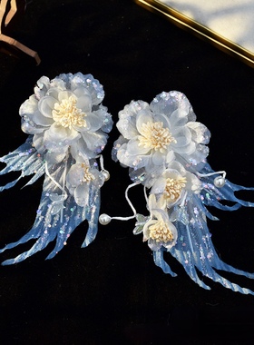 2025新款超仙古风原创设计手工制作浅蓝色渐变翅膀汉服头饰对夹