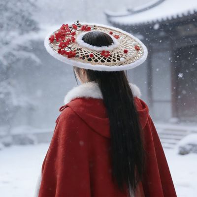 古风冬款氛围感古装汉服配饰梅花帷帽国风侠女妆造搭配毛绒竹编帽