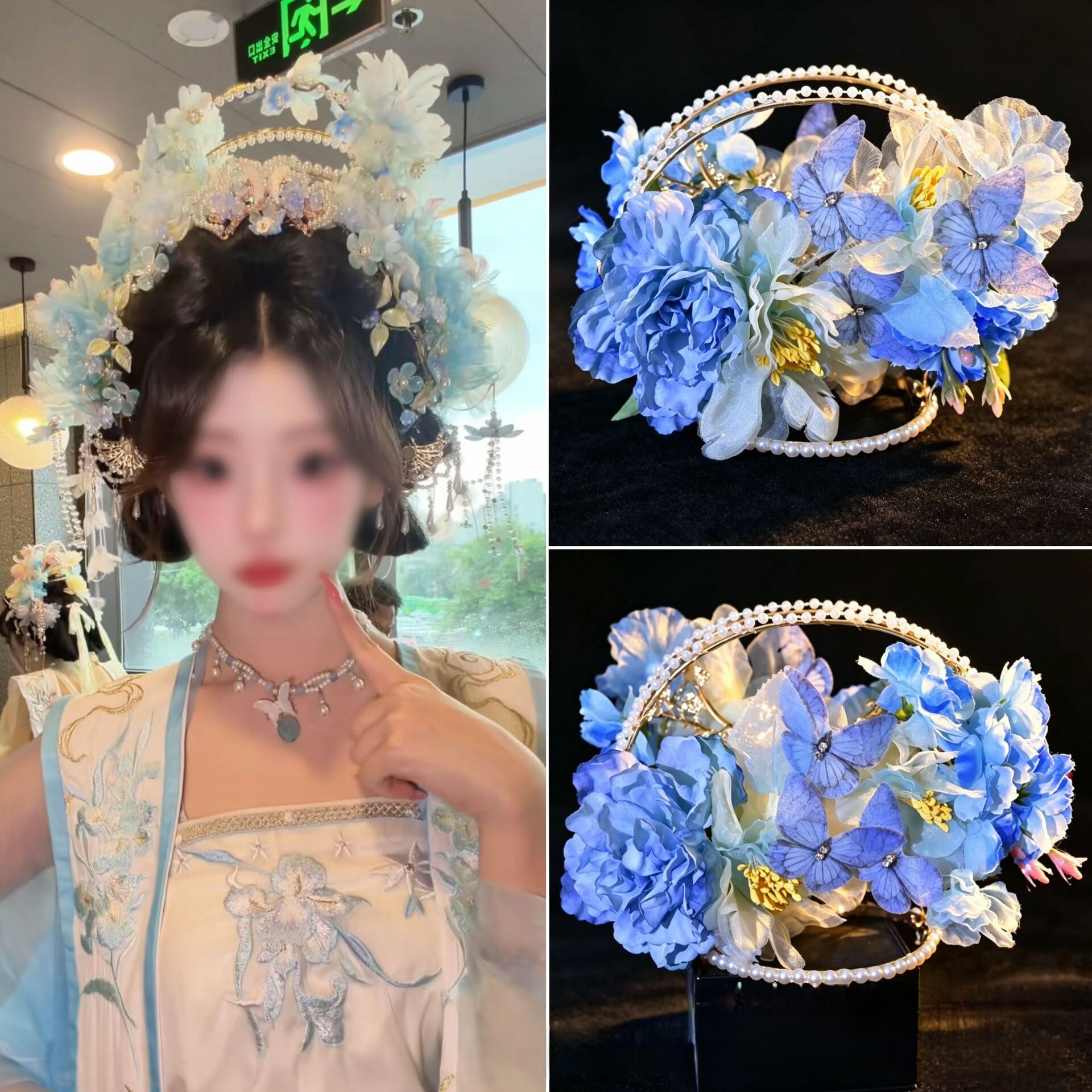 新宋制汉服蓝色花冠头饰古风珍珠妆花神仙子发冠明制仙美花朵配饰
