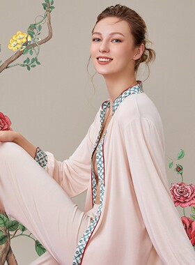安莉芳女士复古国风莫代尔长袖家居服套装红色喜庆睡衣EL00556