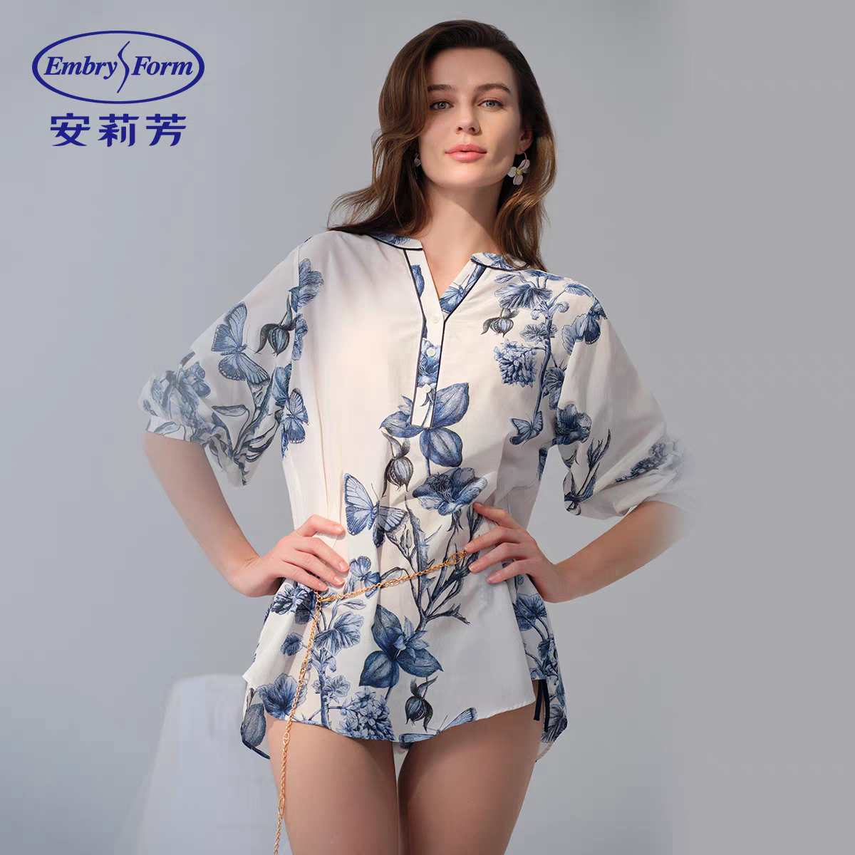 专柜新款时尚印花可外穿真丝睡裙