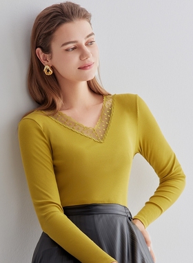 安莉芳秋冬新款螺纹v领薄款可外穿打底衫柔软舒适棉毛衫女ED00259