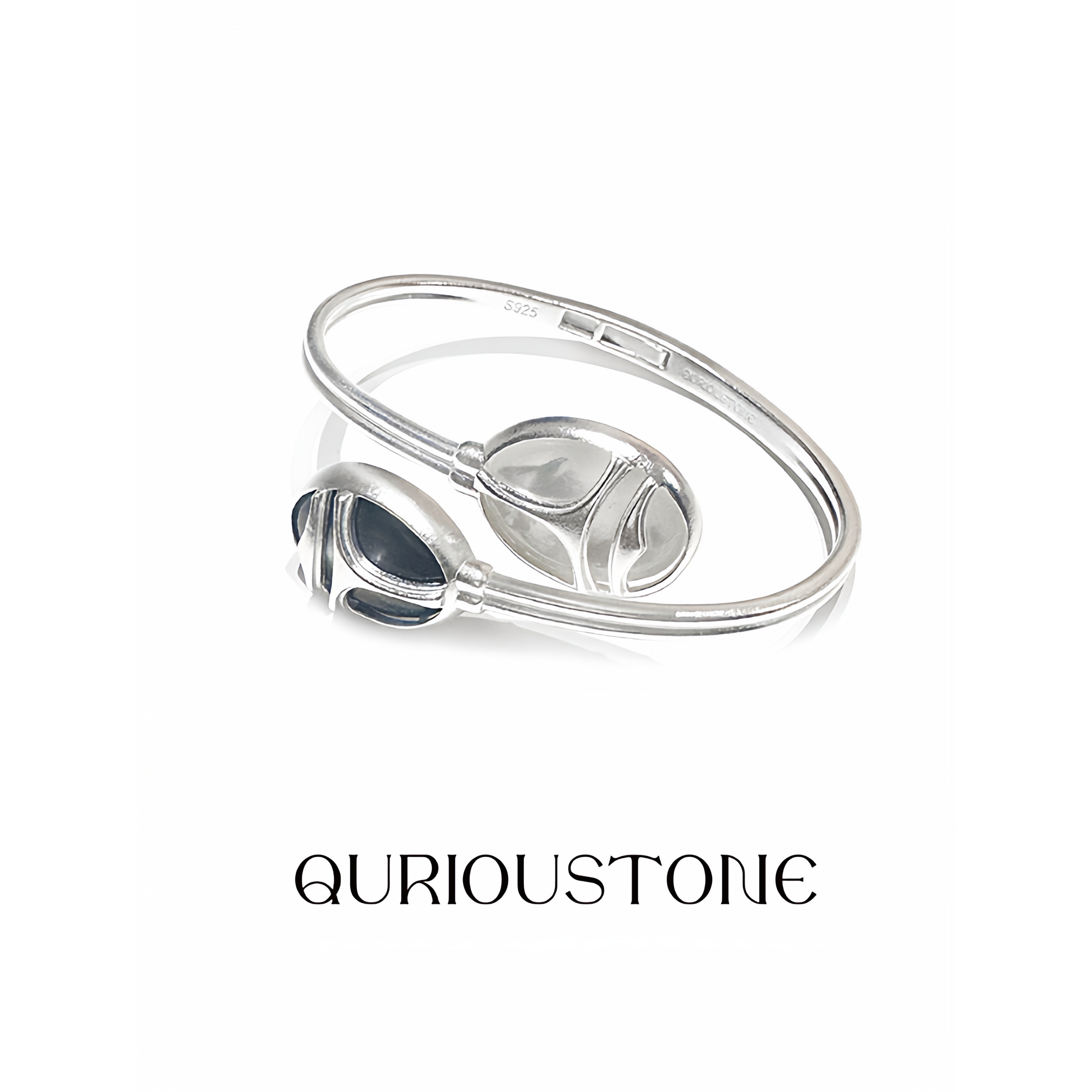 QuriouStone其石 圣甲虫月光 黑白贝母925纯银手镯个性复古典雅