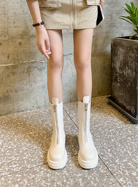 潮牌mona白色内增高马丁靴女前拉炼厚底短靴真皮中筒烟筒靴子春秋