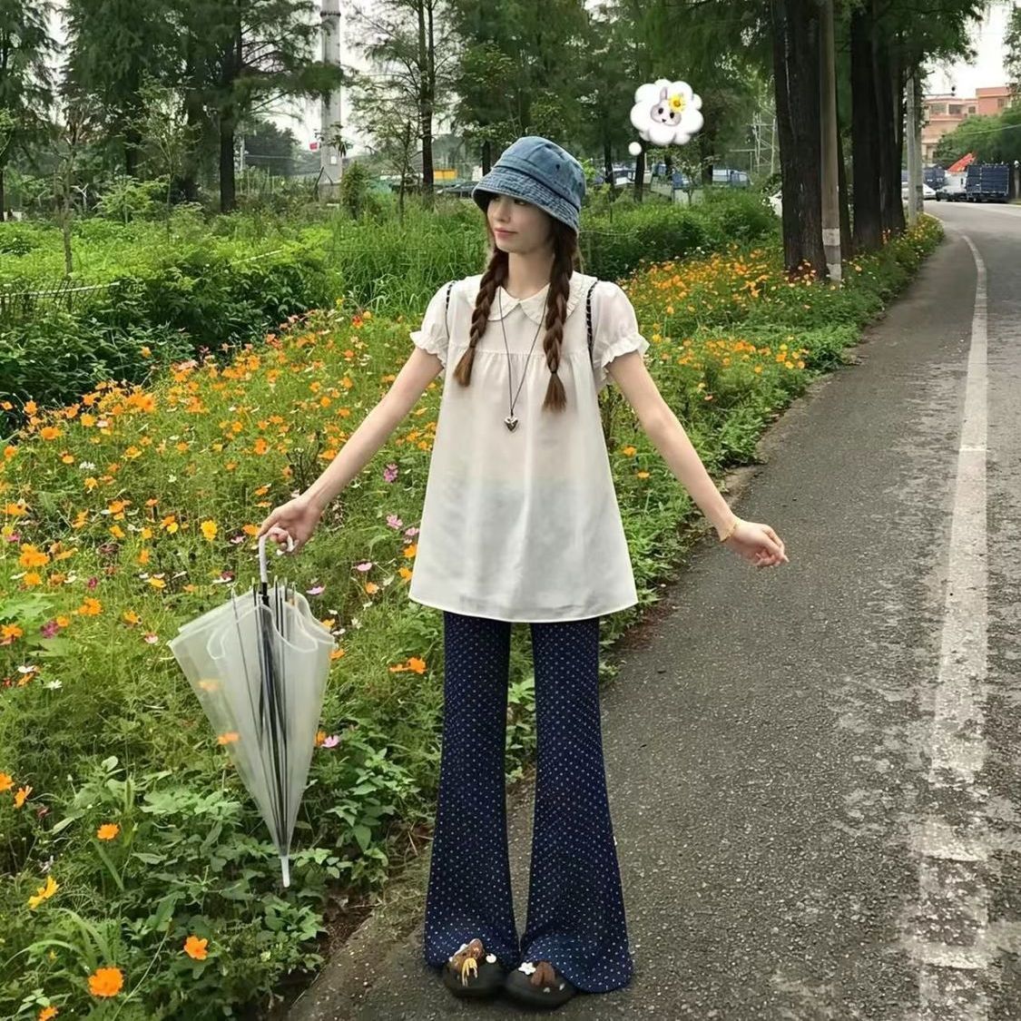 套装女夏季新款流行韩系甜美风娃娃领显瘦短袖衬衫阔腿波点裤子