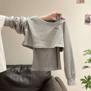 条纹拼接时尚套装女2026春款韩系短款长袖卫衣+半身裙休闲两件套