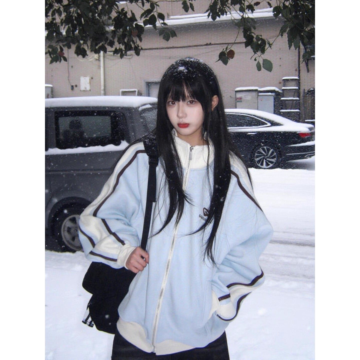 美式条纹撞色立领卫衣女拉链外套