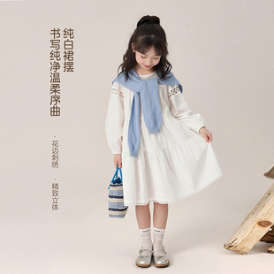 女童新款白色洋气连衣裙子儿童纯棉亲肤裙子中大童纯色蕾丝A字裙