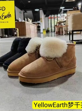 Yellowearth秋冬系带雪地靴羊皮毛一体女士前翻毛平底靴偏小一码