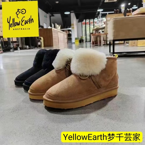 Yellowearth秋冬系带雪地靴羊皮毛一体女士前翻毛平底靴偏小一码