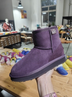 Yellow Earth冬季新款雪地靴女羊皮毛一体短筒一脚蹬葡萄紫色保暖