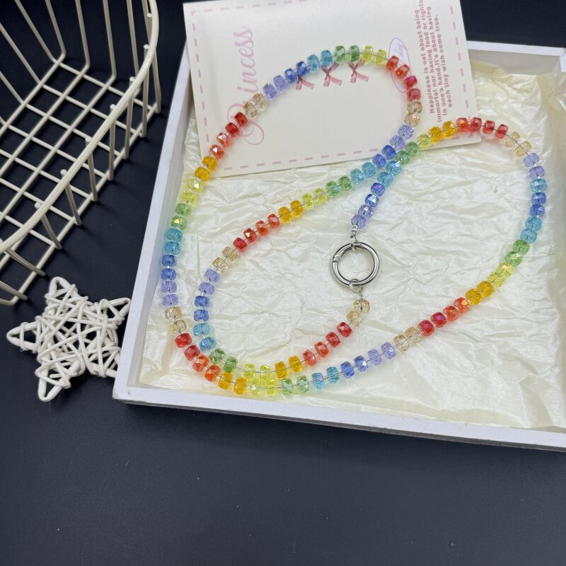 原创挂脖水晶手机挂链挂绳奢华韩国彩虹晶石挂链通用手机壳钥匙扣