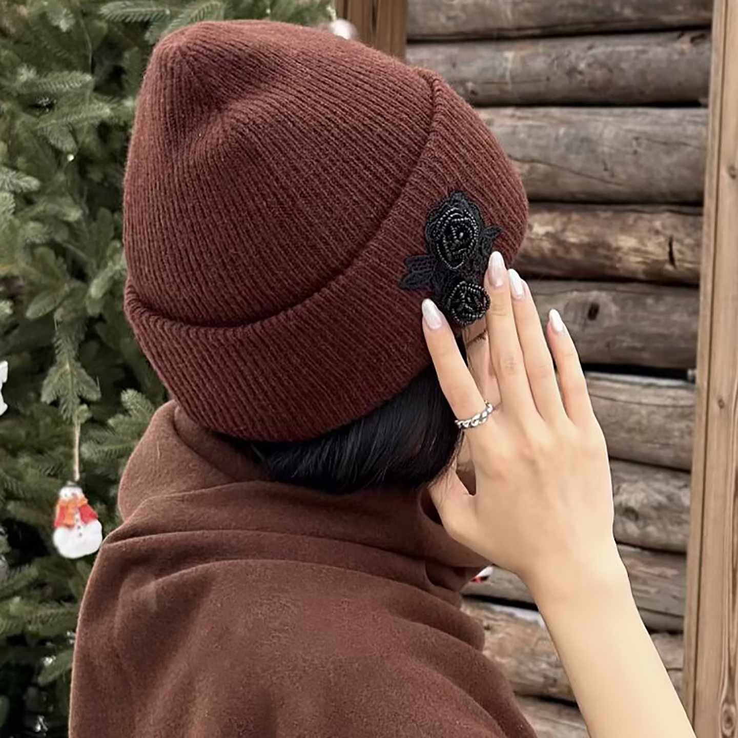 BXLS.进口重工钉珠玫瑰花针织帽冬保暖毛线帽2025新款包头帽子女