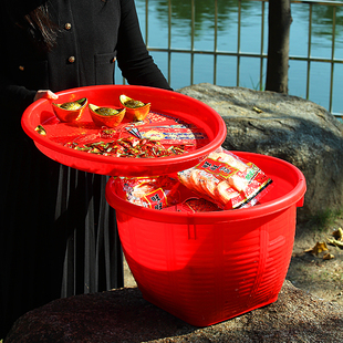 经典传统喜事结婚物品子孙桶塑料大红桶乔迁八角大红带盘箩筐潮汕