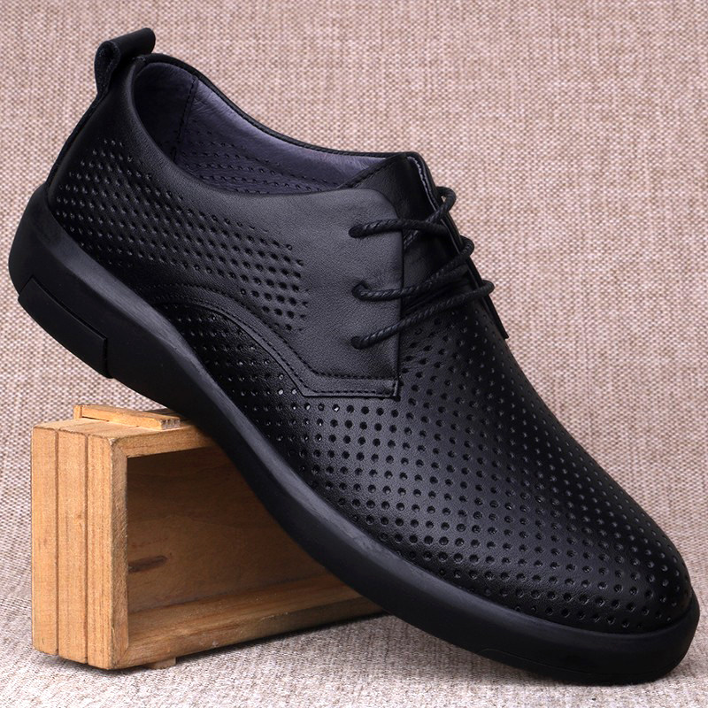 皮凉鞋男夏季镂空休闲皮鞋牛皮驾车真皮系带软底透气男鞋爸爸大码