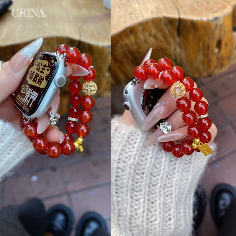 暴富小金块红玛瑙手链适用苹果手表iWatchS10Applewatch11表带女