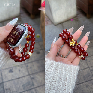 蝴蝶结红玛瑙手链适用iWatchS11苹果手表ApplewatchS10串珠表带女