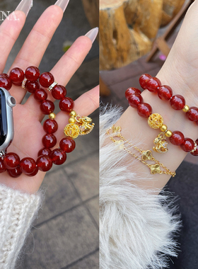 本命年带钻小马红玛瑙串珠适用Applewatch10苹果手表iwatch11表带