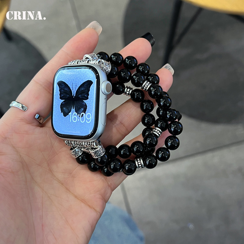 黑色串珠表带适用iwatchS109苹果手表Applewatch11表带高级感男女