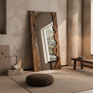 侘寂复古实木全身镜落地穿衣镜创意家用服装 饰镜子 婚纱酒店民宿装