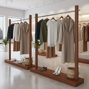 新款女装店铺中岛展示架货架服装店落地式木质陈列架胡桃色挂衣架