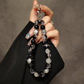 个性 创意黑色爆裂珠手提链手腕短挂绳带夹片手机壳钥匙扣包包挂件