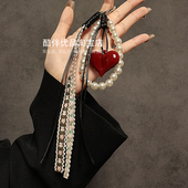 个性 创意红爱心珍珠串珠手提链手腕短挂绳手机壳汽车钥匙扣挂件潮