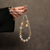 创意粉水晶招财猫串珠手提链手腕短挂绳手机壳汽车钥匙扣包包挂件