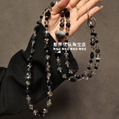 奢华高级感水钻黑水晶串珠长斜挎挂绳链条手机壳包包通用挂件女潮