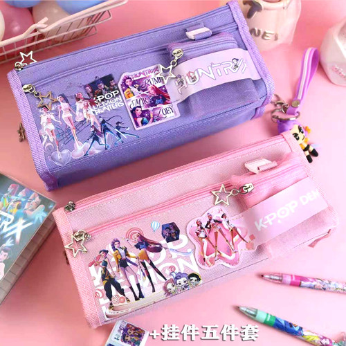 猎魔女团笔袋女孩小学生文具盒帆布大容量五层可爱铅笔盒带零钱包
