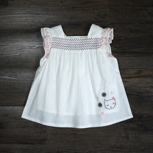 夏款女童薄款双层纯棉衬衫娃娃衫大中小童宝宝猫咪绣花小飞袖裙衫