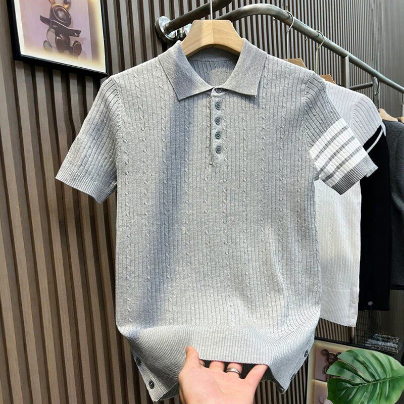 夏季新款翻领polo衫经典四杠条纹商务休闲tb短袖T恤男士针织衫潮